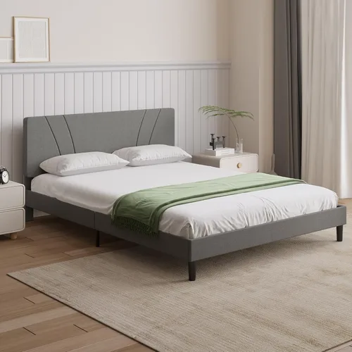 Miniatura 15 de Novilla Base de cama tamaño King con cabecera ajustable, marco de cama King, cabecera tapizada de tela de lino, no necesita somier, sin ruido, Beige