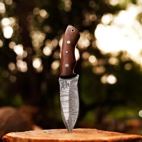 Miniatura 6 de Cuchillo de caza de acero de Damasco de hoja fija con funda de piel, cuchillo de caza de 9 pulgadas con mango entero para despellejar, mango
