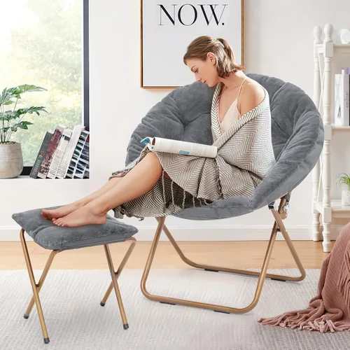 Miniatura 10 de Silla redonda y cómoda, con marco de metal, acogedora silla plegable de piel sintética para adultos, silla Papasan Moon plegable para dormitorio