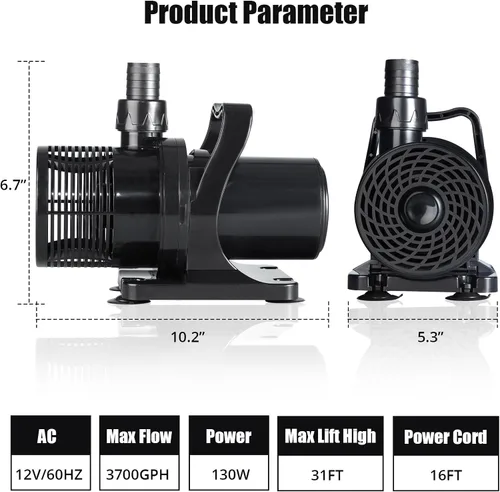 Miniatura 2 de Bomba de agua sumergible de 3700 GPH, bomba de estanque de 130 W, bomba de transferencia de agua de altura de elevación de 31 pies, 16 pies, salida