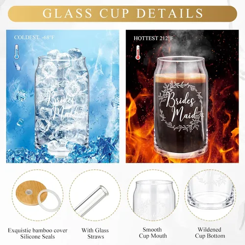 Miniatura 6 de Umigy Juego de 5 vasos de cristal para dama de honor, incluye taza de vidrio con tapa, bolsa de maquillaje, coleteros para el cabello, bolígrafos