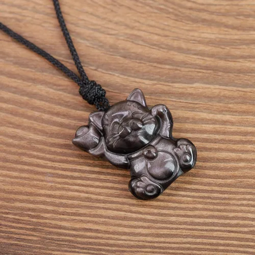 Miniatura 4 de COAI Collar colgante de piedra de obsidiana de gato de la suerte, Piedra, obsidiana