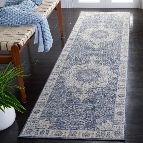 SAFAVIEH Winston Collection - Alfombra de pasillo, 2 pies 2 pulgadas x 8 pies, color azul y crema, diseño envejecido, no desprende pelusa y de fácil