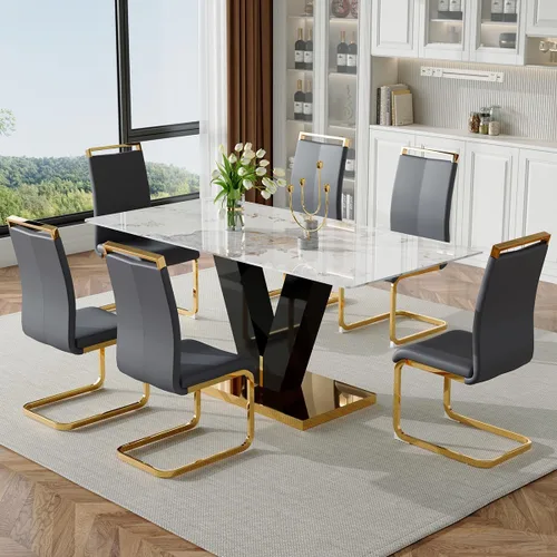 Miniatura 11 de Juego de mesa de comedor para mesa de comedor de mármol de 6,71 pulgadas, mesa de cocina moderna con 6 sillas de piel sintética, juego de mesa