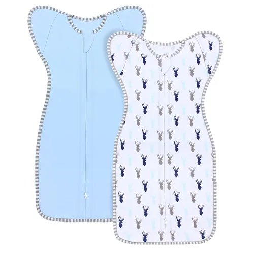 Saco de dormir de transición para bebé de 0-3 meses con brazos hacia arriba, cremallera de 2 vías, 100% algodón, brazos adentro/afuera, 0.8 Tog,