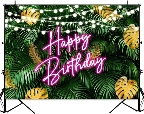 Miniatura 2 de Sensfun Fondo de fotos de hojas de palma tropicales hawaianas con texto en inglés "Happy Birthday" Aloha Luau Rosa Neón Cumpleaños Hojas Verdes