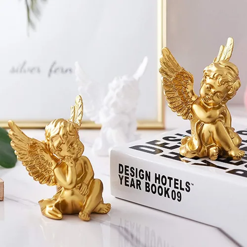 Miniatura 2 de OwMell - Juego de 2 figuras de estatua de ángeles querubines de resina, decoración para el hogar interior, adorable estatua de ángel de escultura