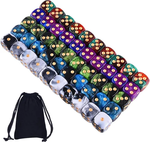 AUSTOR Juego de 50 dados de 6 caras de 5 colores de dos tonos con pipas doradas, dados de esquina redonda para jugar juegos como Tenzi, Farkle,