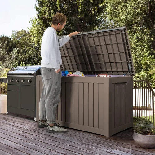 Miniatura 3 de Devoko XXL - Caja grande de resina de 230 galones, impermeable, para exteriores, para muebles de patio, cojines y herramientas de jardín Marrón claro