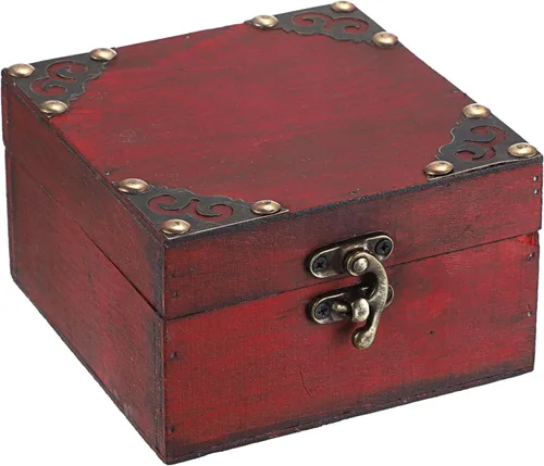 ELLDOO Pequeña caja de tesoro de joyería, caja de recuerdos pirata vintage para regalos, caja de almacenamiento de madera roja para boda, decoración
