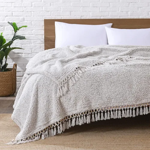 Miniatura 30 de Manta Sherpa de forro polar ultrasuave, tamaño Queen, manta de cama bohemia ligera y acogedora con borla decorativa, patrón reversible, 2 tonos
