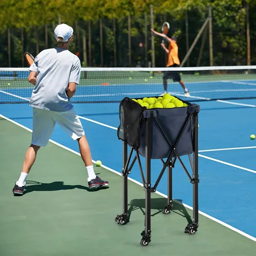 Miniatura 5 de GYMAX Tolva de pelota de tenis, carrito plegable para 150 pelotas de tenis con bolsa de transporte, marco de fácil montaje, bolsa extraíble y 4 Azul