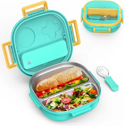Miniatura 15 de Pequeña mini caja Bento o caja de aperitivos con 3 compartimentos extraíbles de acero inoxidable y cubiertos para bebé de 0 a 24 meses, a prueba