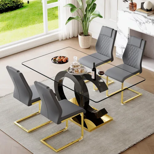 Miniatura 15 de gopop Mesa de comedor de cristal de 63 pulgadas, mesa de cocina moderna, mesa de comedor de vidrio transparente con patas de diseño único negro