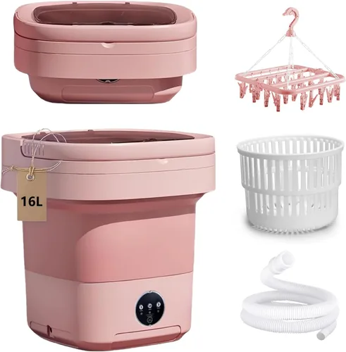 Miniatura 10 de Lavadora portátil plegable de 16 litros con estante de secado, cesta giratoria, puerto de llenado superior, manguera de entrada de agua y tubo