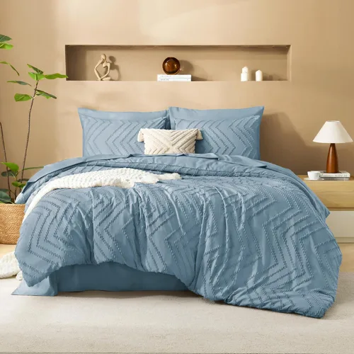 Miniatura 29 de Litanika Juego de ropa de cama con edredón tamaño King con sábanas beige - Juego de 7 piezas en una bolsa, diseño King Chevron copetudo bohemio