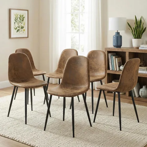 Miniatura 10 de FurnitureR Silla de comedor moderna tapizada de cuero de mediados de siglo, silla de comedor sin brazos con patas de metal negro, ahorro de espacio