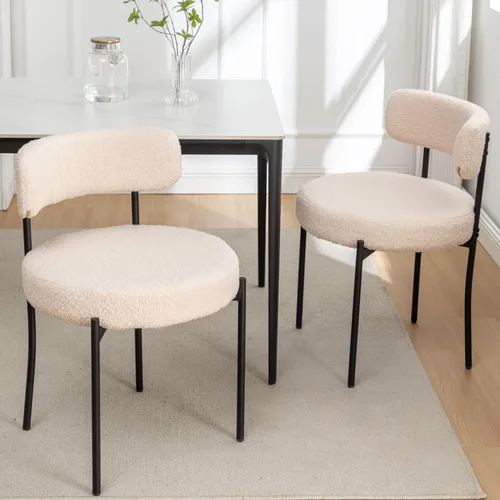 Riknuxi Sillas de Comedor Boucle Juego de 2, Sillas de Comedor Redondas Tapizadas con Patas de Metal Negro, Sillas de Comedor Modernas para Comedor,