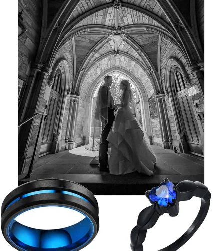 Miniatura 4 de Juego de anillos de boda personalizados en color negro y azul para él y ella, anillos de promesa a juego para parejas, anillos de acero inoxidable