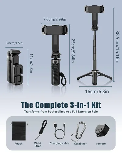 Miniatura 6 de Trípode de bolsillo para teléfono, trípode portátil 3 en 1 para selfie stick con control remoto, rotación de 360°, soporte de trípode para teléfono