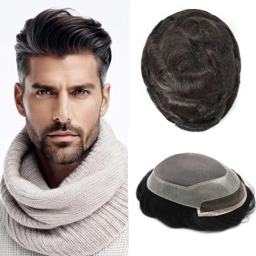Miniatura 20 de Pieza de pelo de tupé para hombre, cabello humano real, frontal, línea capilar natural, sistema de reemplazo para hombres, unidades de cabello