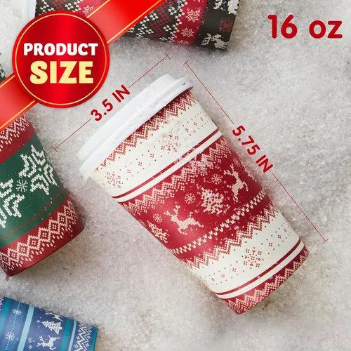 Miniatura 5 de JOYIN 24 piezas de vasos de papel desechables de Navidad, vasos de fiesta de Feliz Navidad de 16 oz con mangas y tapas, 4 diseños de vajilla