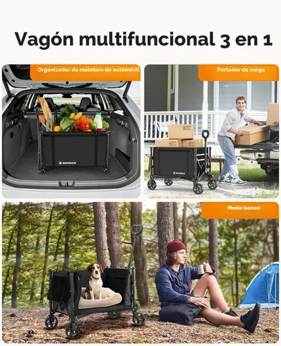 Miniatura 2 de Raynesys Carro plegable 3 en 1 que se convierte en banco, carrito plegable de 220 libras con ruedas, carrito de compras de 120 L para comestibles