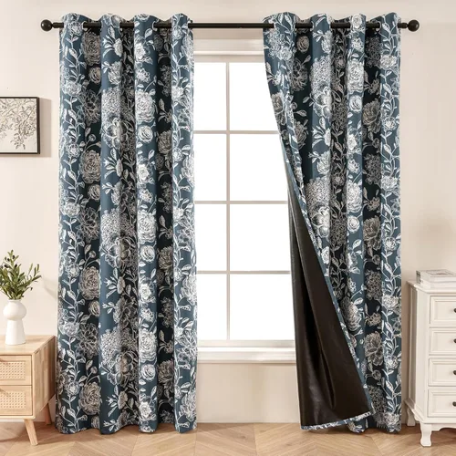 Cortinas opacas florales de 63 pulgadas de largo, 2 paneles, cortinas con patrón de peonía vintage para dormitorio, sala de estar, cortinas térmicas