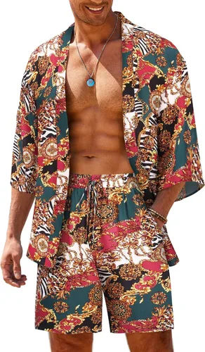 COOFANDY Conjunto de 2 piezas de chaqueta tipo kimono ligero para hombre, camisa hawaiana para la playa con pantalones cortos