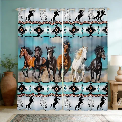 Miniatura 30 de Cortinas opacas de estilo bohemio occidental de 76 x 45 pulgadas, cortinas y cortinas de atrapasueños de vaca, cortinas del suroeste, cortinas
