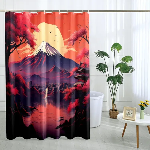 Miniatura 13 de Cortina de ducha japonesa Fuji Mountain de cerezo asiático, cortina de ducha con diseño de anime, decoración de baño, tela de poliéster, 62 x 72 Azul