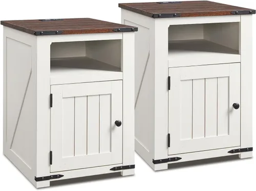 Miniatura 9 de IFGET - Mesita de noche con estación de carga, mesa auxiliar de 20" estilo granja con puerta de granero, mesa de sofá rústica de madera para cama