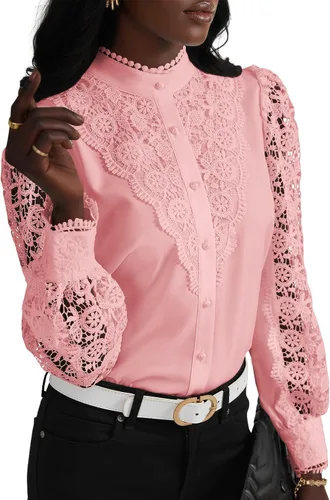 Miniatura 31 de Rooscier Blusa Elegante de Encaje de Crochet con Cuello Alto Simulado de Manga Larga con Botones para Mujer Top