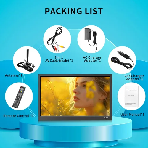 Miniatura 7 de Feihe Televisor de cocina pequeño de 15.6 pulgadas con sintonizador ATSC/HDMI/USB/AV, soporte de acero de TV integrado y control remoto