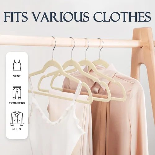 Miniatura 3 de HOUSE DAY Perchas de terciopelo beige, paquete de 20 perchas de fieltro antideslizantes resistentes para abrigos, perchas delgadas de alta calidad