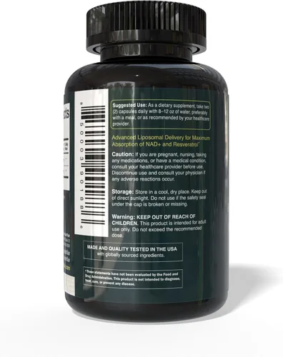 Miniatura 5 de NutriFlair Suplemento liposomal NAD+ con resveratrol 1000 mg por porción, 60 cápsulas – Alta absorción, sin OMG, fabricado en Estados Unidos