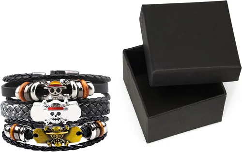 Miniatura 5 de Nuahyaz Pulseras de cuero de anime Sombrero de paja Luffy cráneo regimiento Pulsera de aleación punk, regalo de joyería de cosplay para fanáticos
