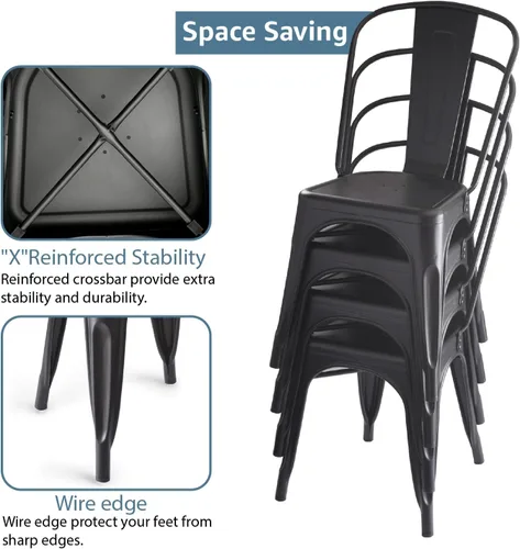 Miniatura 3 de V&LX Sillas de metal de 33 pulgadas, sillas de comedor de cocina estilo envejecido, sillas laterales apilables con respaldo, juego de 4, color negro