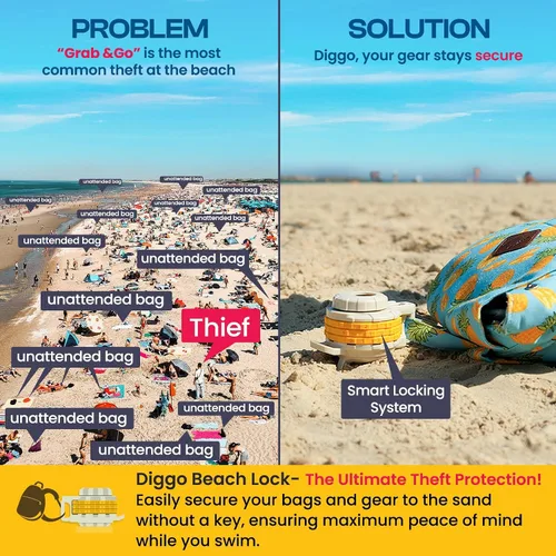 Miniatura 4 de Diggo Anclaje de playa multiusos con cerradura de combinación, seguridad de bolsa antirrobo, estaca de amarre para perros, anclaje de paraguas