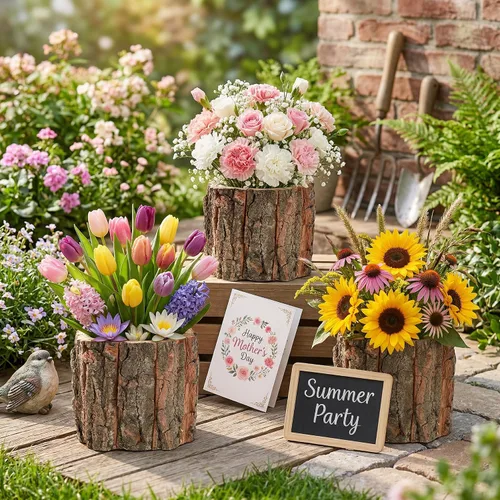 Miniatura 3 de Housoutil Jarrón de madera para centros de mesa, paquete de 3 jarrones de madera rústicos para tocón de árbol, cubo de flores de corteza de madera