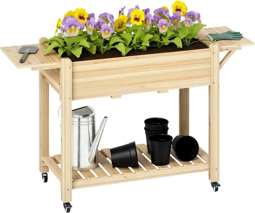 Miniatura 21 de Outsunny - Jardinera elevada de madera con estante de almacenamiento, orificios de drenaje y forro para el patio trasero, la terraza, el balcón, 47