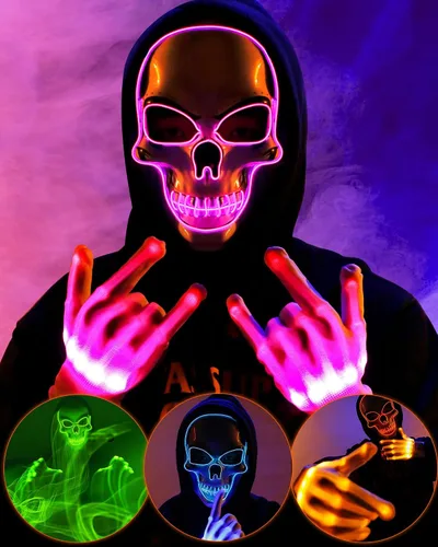 Sumind Máscara LED de Halloween, esqueleto LED aterrador, hacker de purga que brilla en la oscuridad, para fiesta de disfraces de Halloween (rosa)
