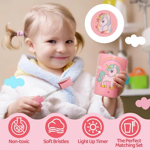 Miniatura 5 de Lily's Home Cepillo de dientes para niños con temporizador intermitente para niños con cerdas suaves, taza emergente y cubierta - Divertido cepillo