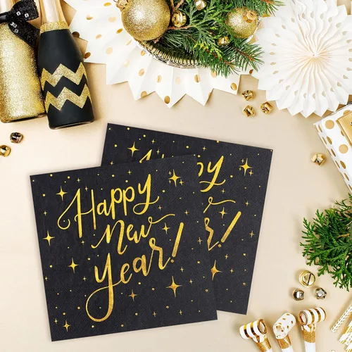 Miniatura 6 de Waline - 80 servilletas de papel desechables de papel de Año Nuevo, color negro y dorado, servilletas de cena para Nochevieja, suministros de fiesta