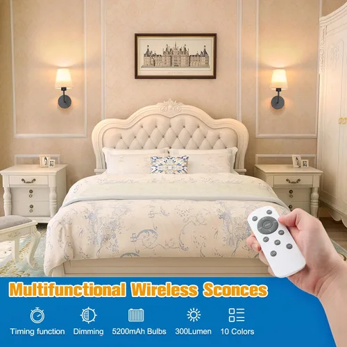 Miniatura 2 de NIORSUN Juego de 2 apliques de pared con pilas de 13.8 pulgadas, luces de pared recargables negras con bombillas desmontables regulables de 10400