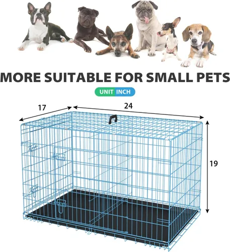 Miniatura 7 de BestPet Jaula para perros 24 pulgadas Azul Perrera de metal plegable con puertas dobles, pestillos seguros de perno deslizante, bandeja a