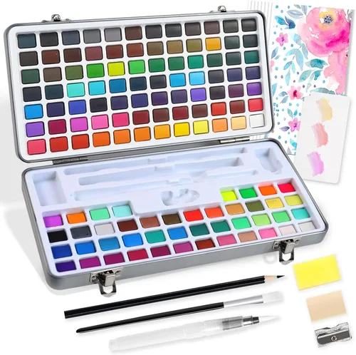 Juego de pintura de acuarela de 128 colores, incluye 84 colores regulares, 36 metálicos y 8 fluorescentes, juego de acuarela de viaje con pincel y