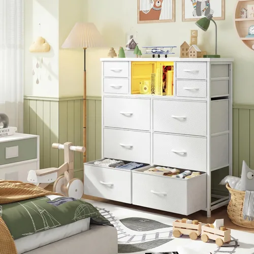 Miniatura 5 de Cómoda blanca para dormitorio con estación de carga y luces LED, 10 cajones de tela con estantes abiertos, cómoda resistente organizador de Blanco