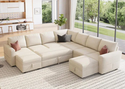 HONBAY Sofá seccional modular con cama extraíble, sofá cama con forma de U extraíble con secciones de almacenamiento para sala de estar - Beige