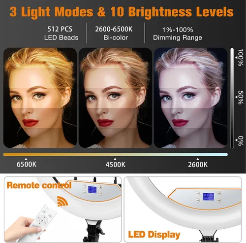 Miniatura 3 de Anillo de luz de 22 pulgadas con soporte, trípode de luz de anillo para iPhone iPad, con trípode de 75 pulgadas, pantalla LCD, 4 clips para iPad, 2